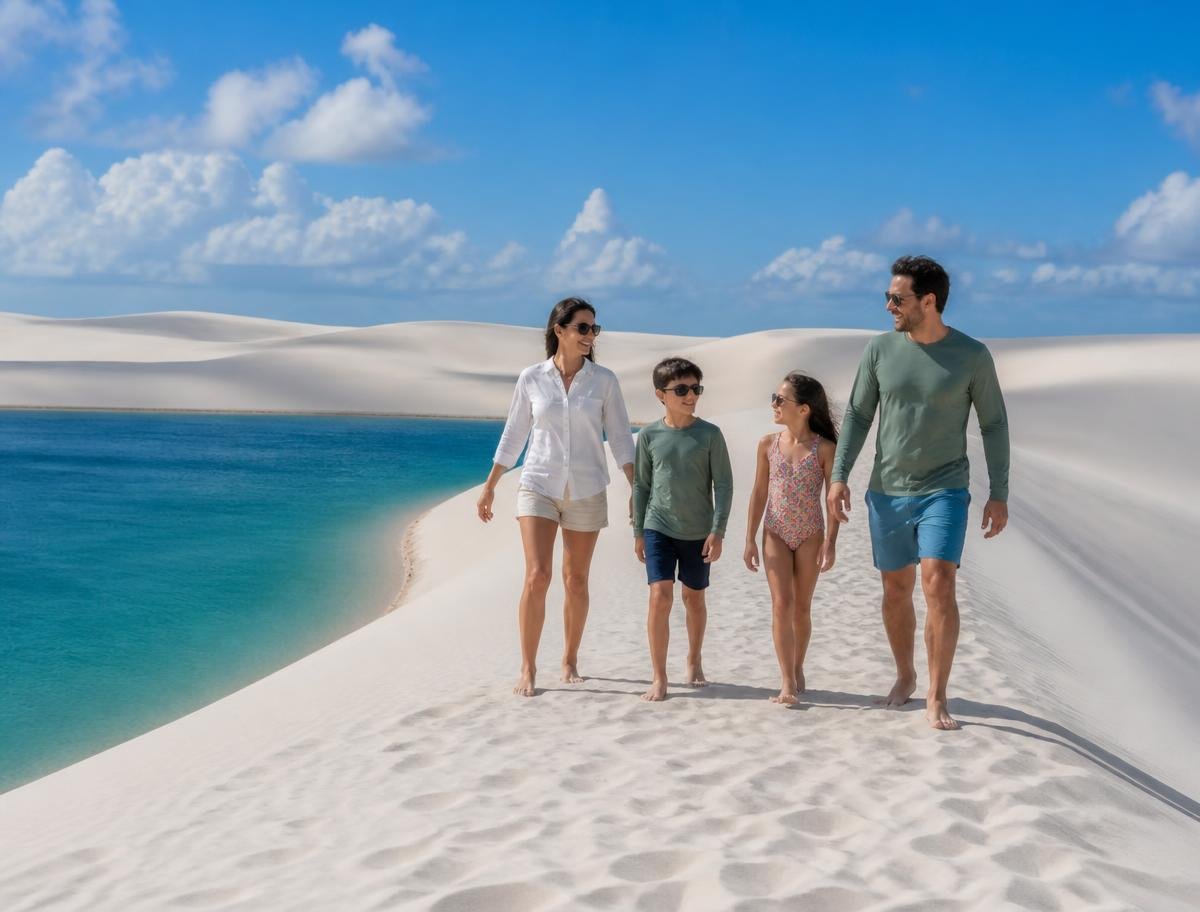 Família caminhando pelas dunas ao lado de uma lagoa nos Lençóis Maranhenses